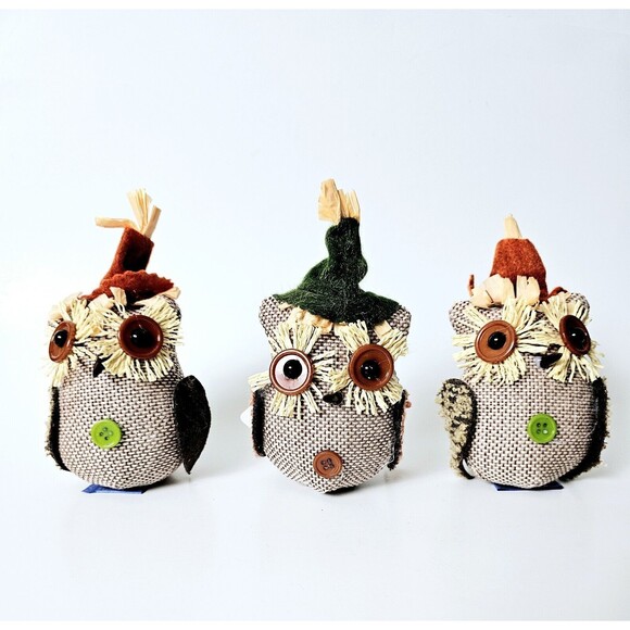Scarecrow OWLS Lot 3 Burlap Halloween Fall Thanksgiving Ornaments Harvest NWT! - Picture 2 of 12
